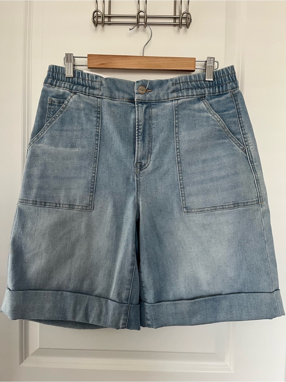 Misa Los Angeles Light Blue Denim Patch Pocket Bermuda Shorts